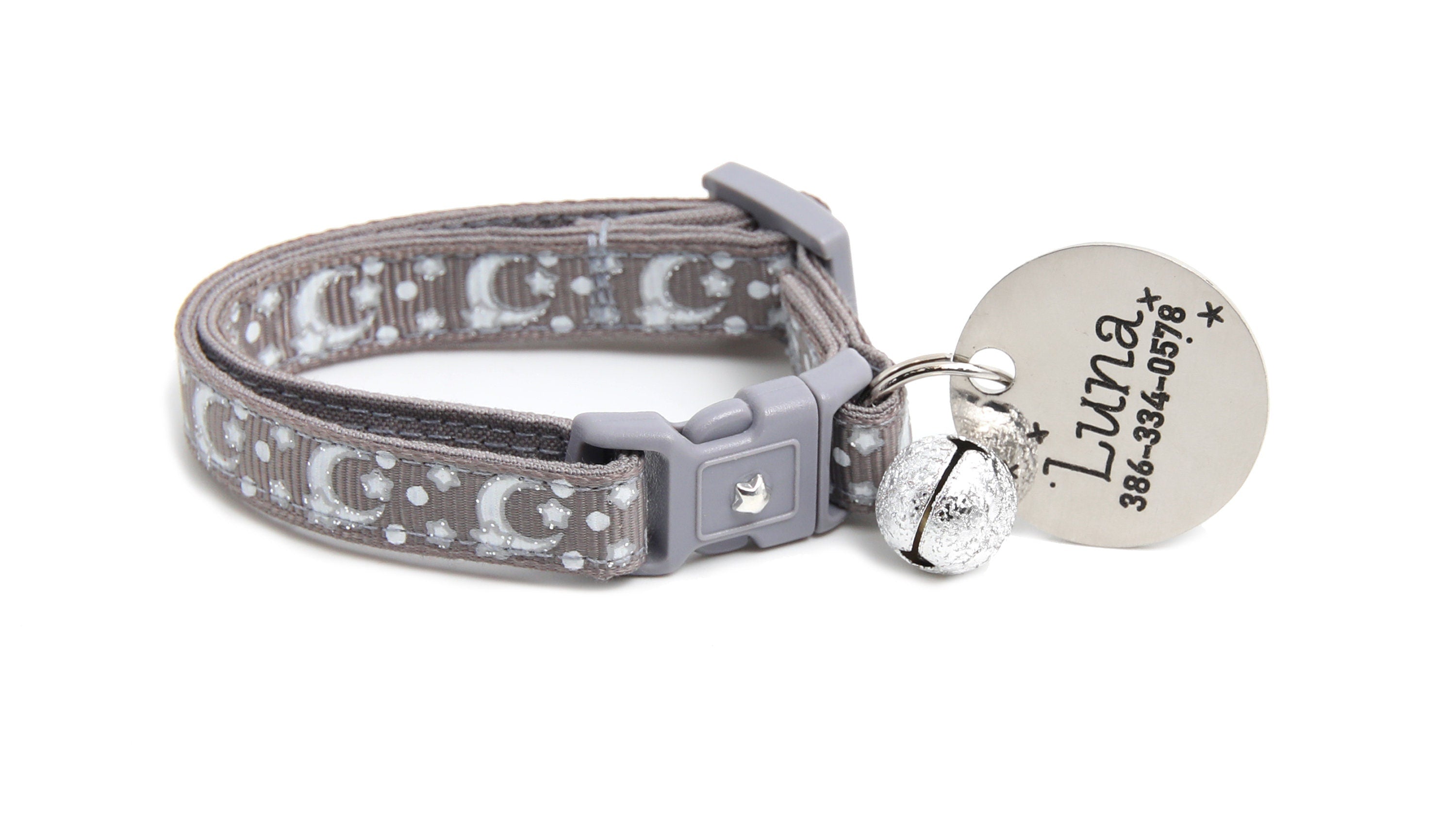 Silver Moons and Stars on Silver Cat Collar
